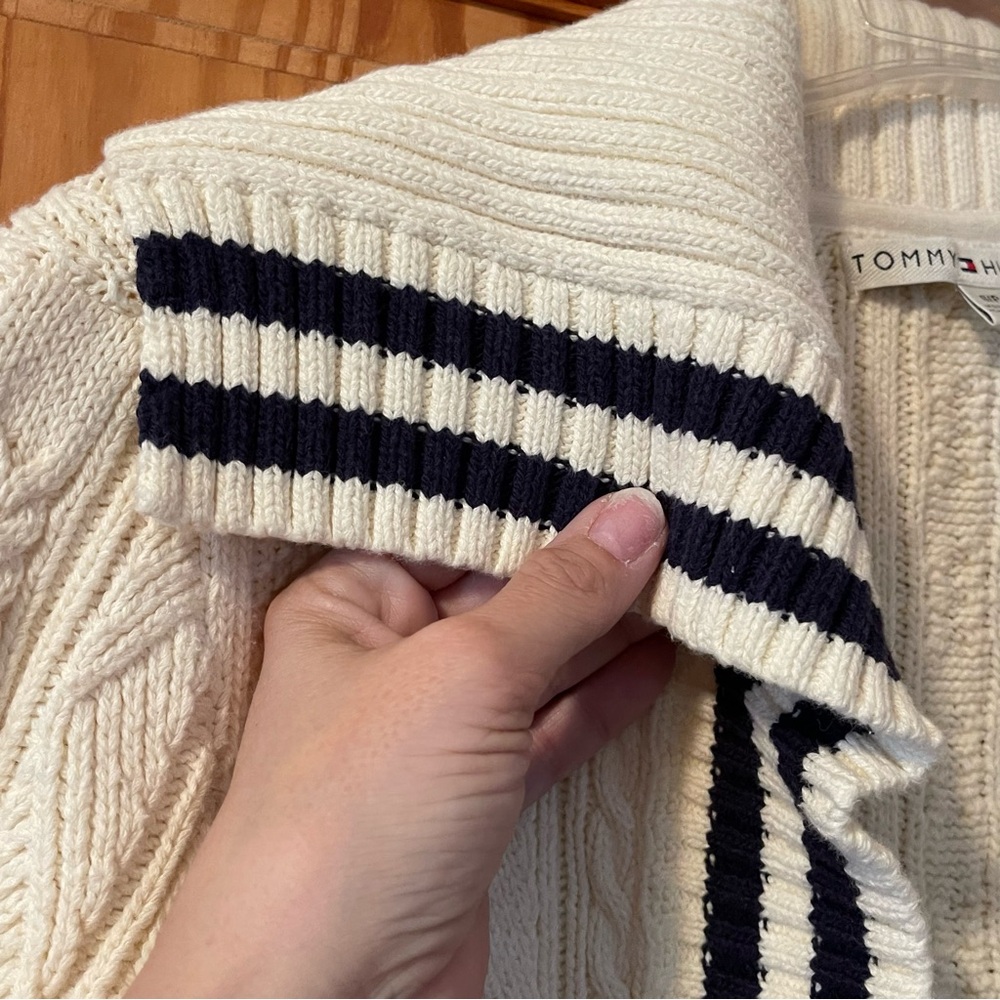 Tommy Hilfiger Cream Cable-Knit Open Cardigan with Navy Stripe Trim - Picture 7 of 9